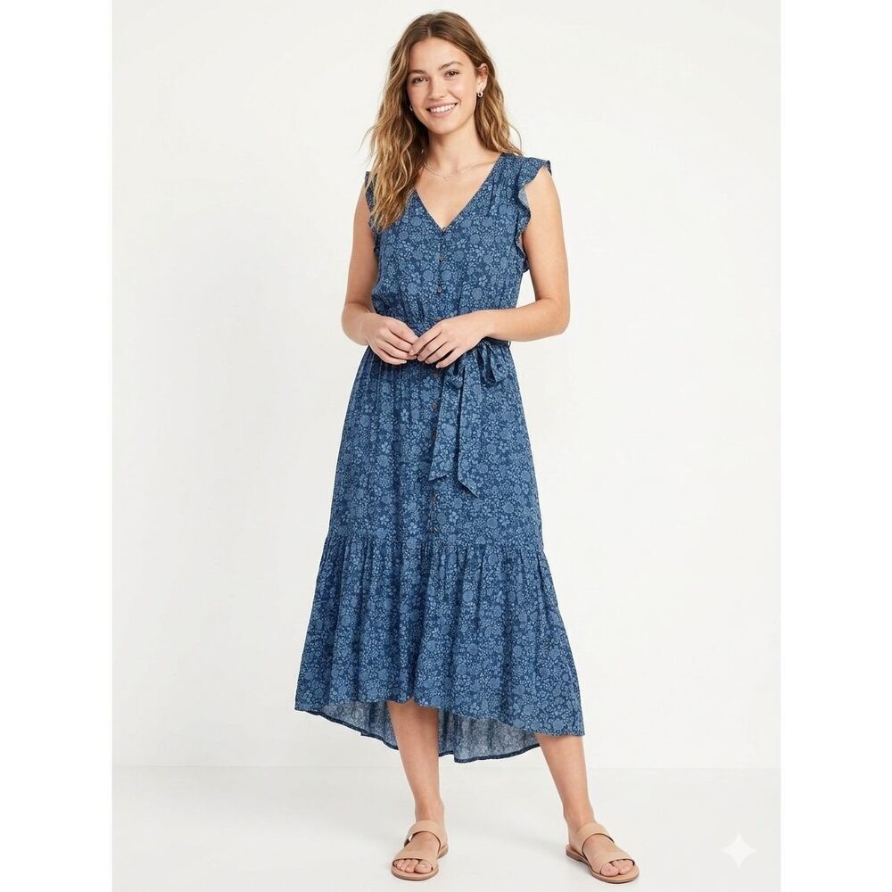 NWT Sonoma Indigo Blue Ditsy Floral Ruffle Tiered Maxi Dress L Cottagecore Boho